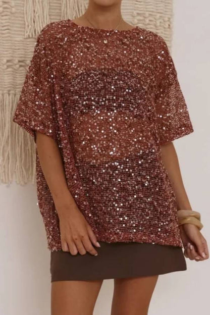 Sequin Mesh Sheer Oversized Tunic Top Round Neck Loose Mid Sleeve Party Cover Up