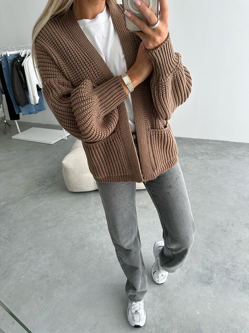 Solid Color V-neck Long-sleeved Casual Knitted Cardigan