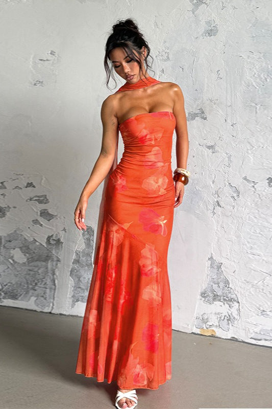 Sexy Strapless Mesh Tie Detail Maxi Floral Dress