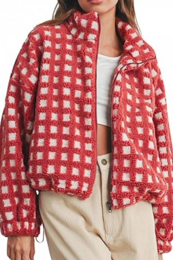 Checked Plush Drawstring Stand-Collar Jacket