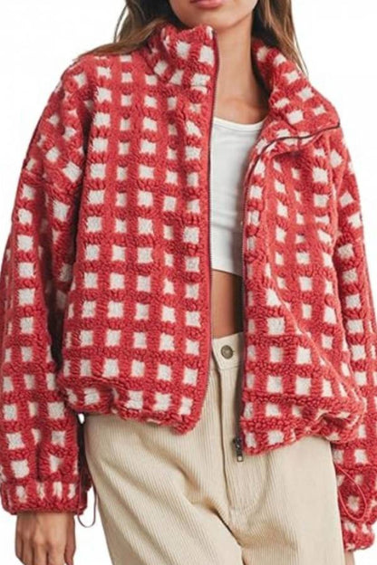 Checked Plush Drawstring Stand-Collar Jacket