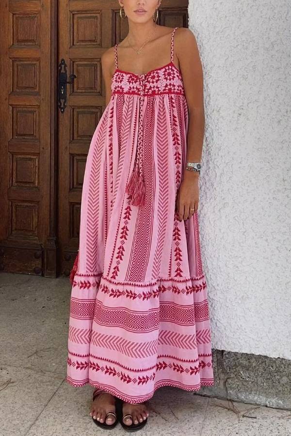 Bohemian Geometric Embroidered Cami Maxi Dress
