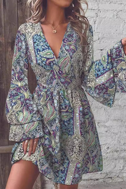 Elegant Paisley Print V Neck Bell Sleeve Boho Dress