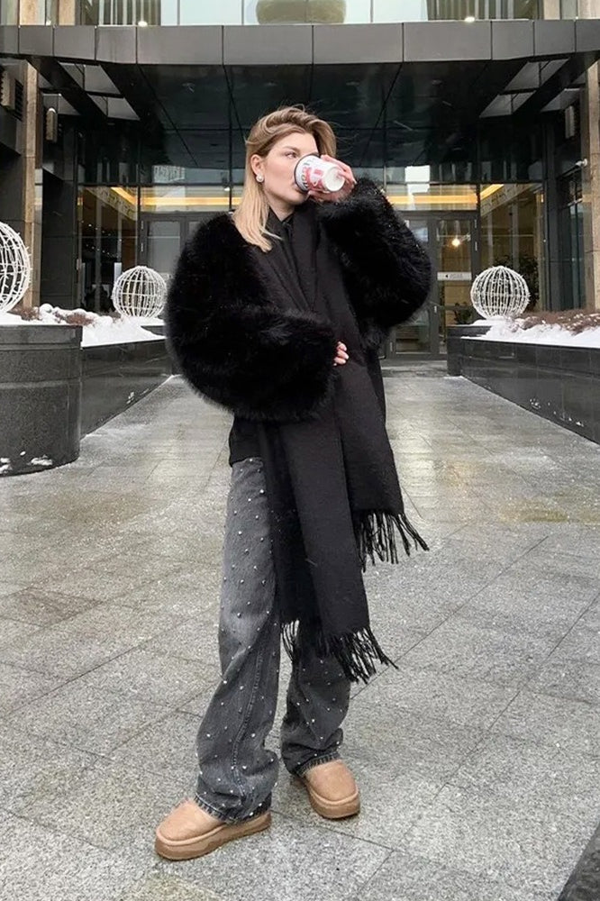 Textured Faux Fur Wide Sleeve Coat
