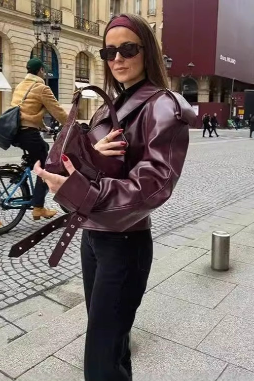 Retro Notch Lapel Vegan Leather Coat