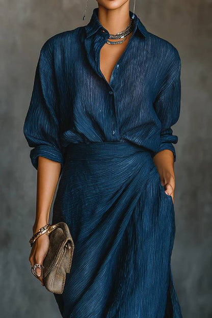Elegant Dark Blue Cotton And Linen Blend Shirt Long Skirt Set