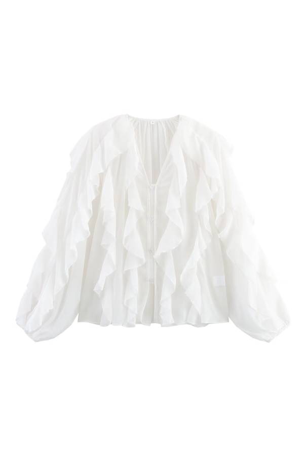 V-Neck Multi-Layer Ruffle Chiffon Lantern Sleeve Blouse
