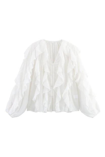 V-Neck Multi-Layer Ruffle Chiffon Lantern Sleeve Blouse