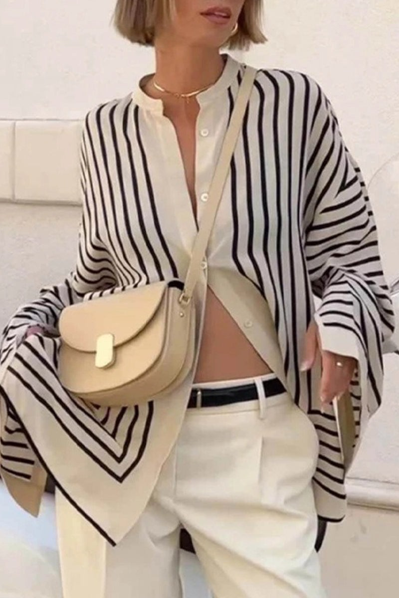 Striped Loose Long Sleeve Button Down Blouse