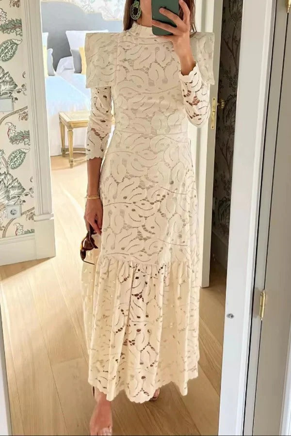 Solid Color Hollow Lace High Neck Long Sleeve Elegant Maxi Dress