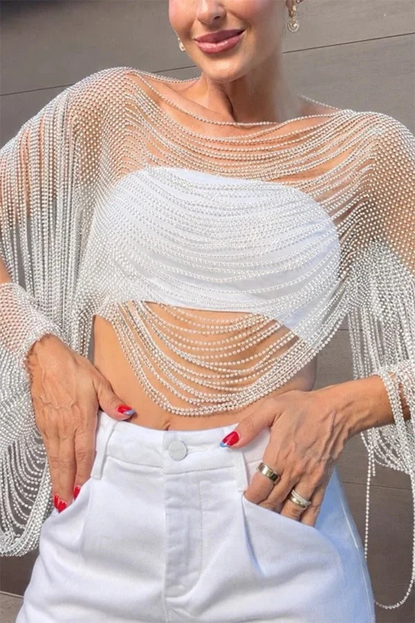 Sparkling Rhinestone Embellished Drape Tassel Batwing Sleeve Loose Crop Cover-up