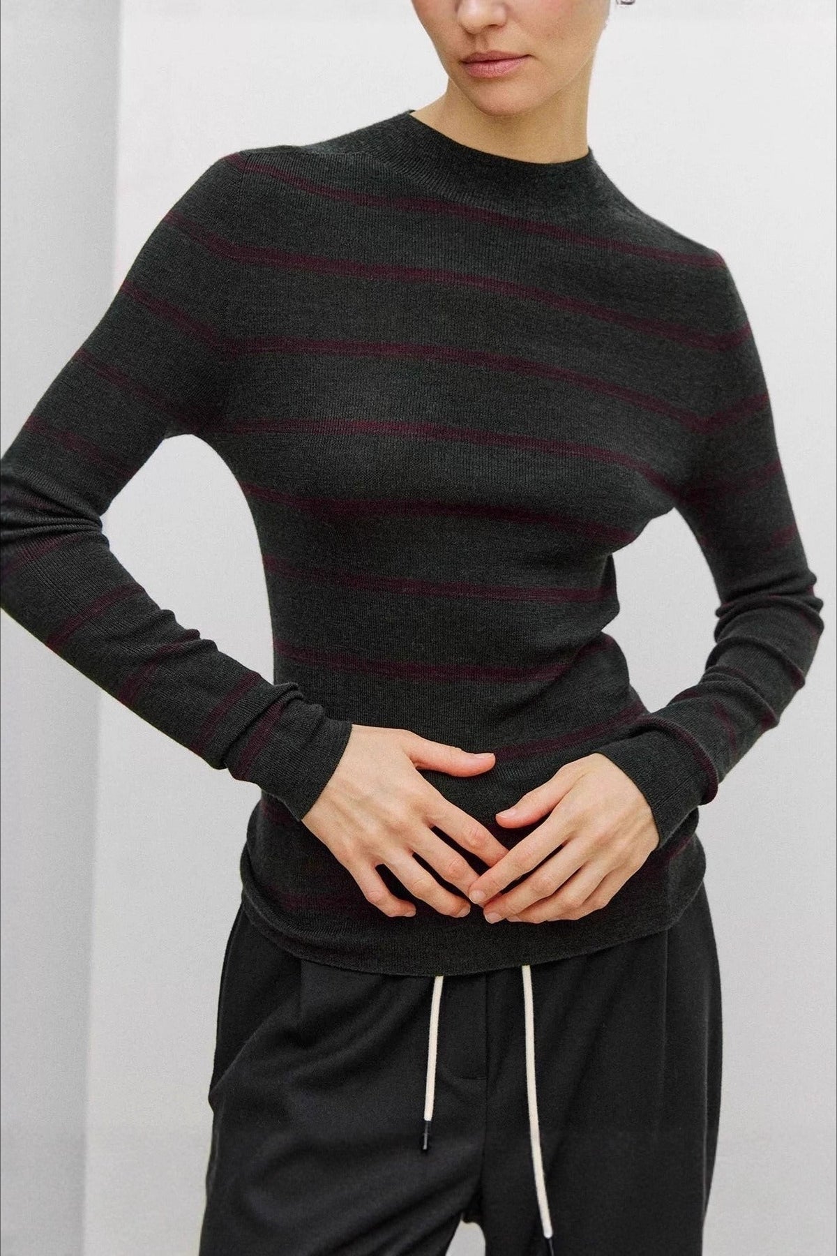Seamless Stripe Mock Neck Knit Top