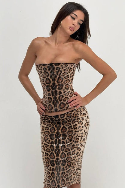 Leopard Print Lace Up Corset Sequin Midi Skirt Set