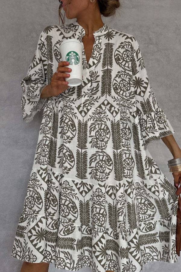 Bohemian Floral Print Stand Collar V-Neck 3/4 Sleeve A-Line Dress
