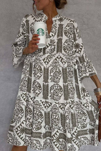 Bohemian Floral Print Stand Collar V-Neck 3/4 Sleeve A-Line Dress