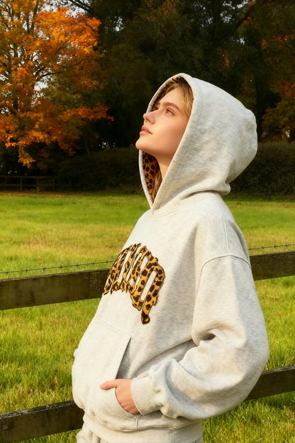 Leopard Lined Embroidered Letter Hoodie