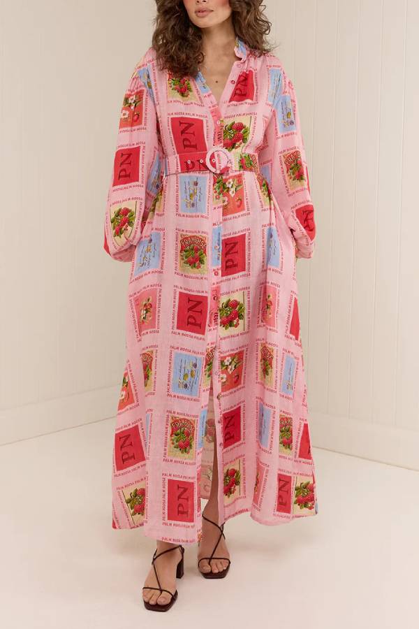 Collared Waist-Cinched Printed Maxi Shirt Dress