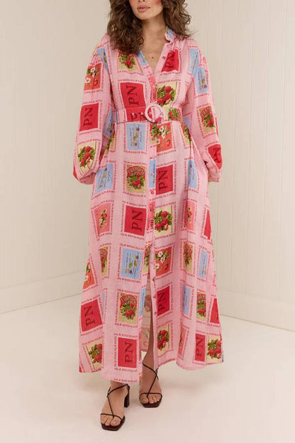 Collared Waist-Cinched Printed Maxi Shirt Dress