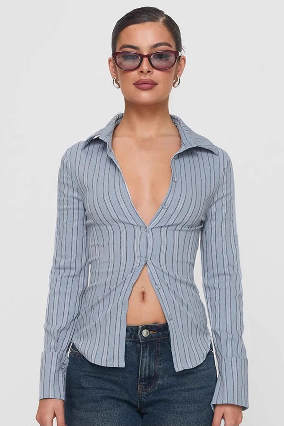 Office Button Down Striped Long Sleeve Top
