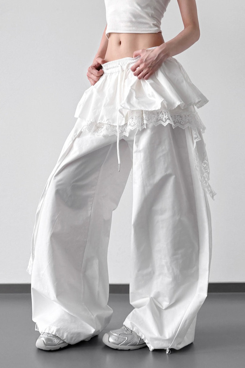 Lace Skirt Hem Trim Wide Leg Casual Pants
