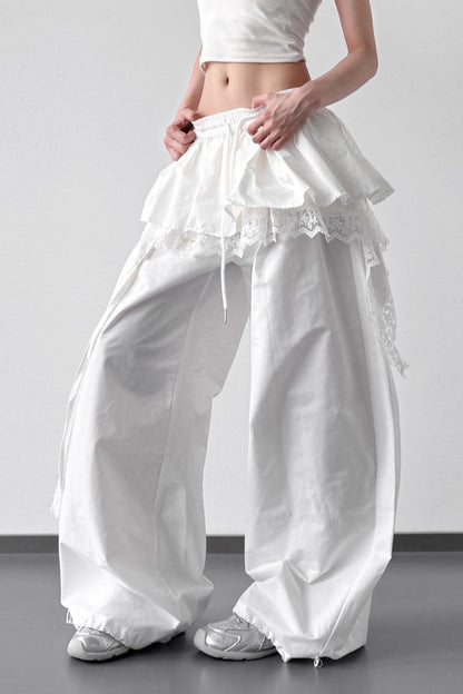 Lace Skirt Hem Trim Wide Leg Casual Pants