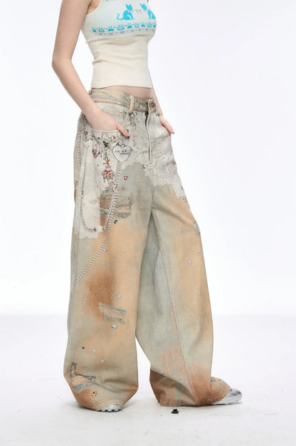 Tie Dye Baggy Wide Leg Denim Jeans
