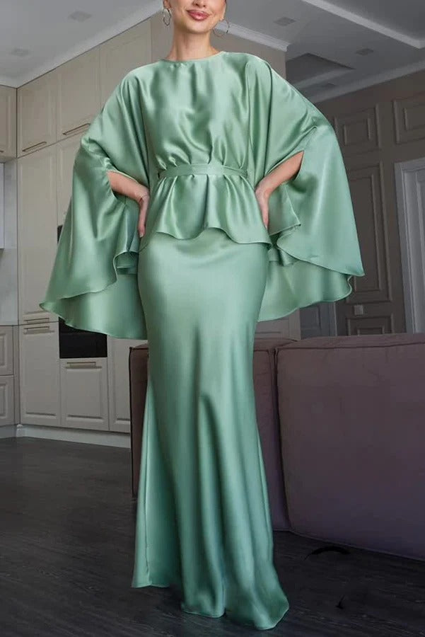 Coralien Satin Tie-up Waist Cape Top and High Rise Drape Flare Maxi Skirt Set