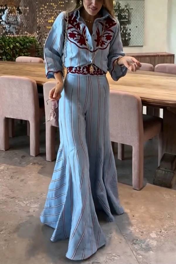 Delirio Linen Blend Floral Embroidery and Stripes Print Bell Sleeve Tie-up Blouse