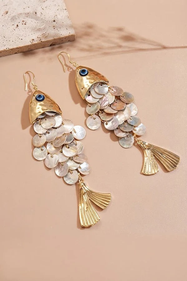 Fish-shaped Shell Tassel Ear Hooks