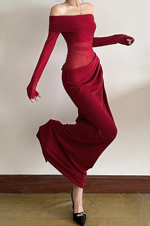 Off Shoulder Sheer Tulle Mesh Slim Fit Elegant Prom Dress