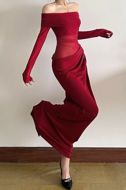 Off Shoulder Sheer Tulle Mesh Slim Fit Elegant Prom Dress