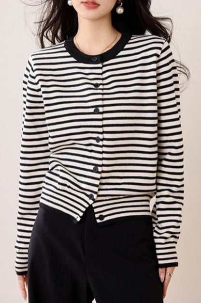 Black White Stripe Knit Cardigan
