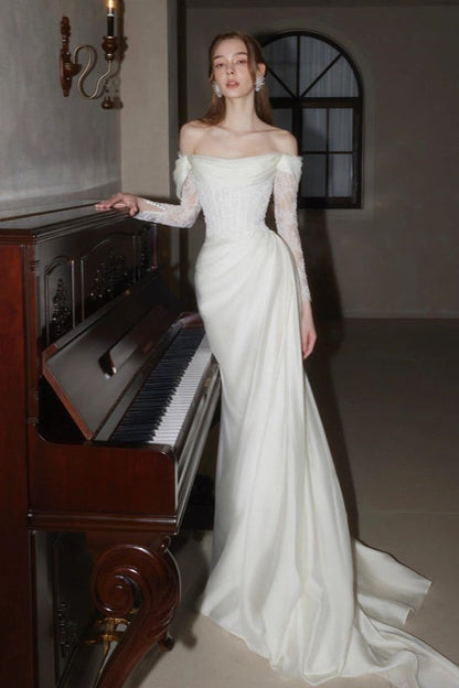 French Off Shoulder Lace Sweep Train Prom Dress