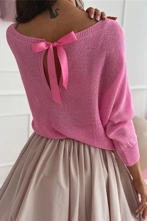 Boat Neck Bow Back Cut Out Pullover Sweater
