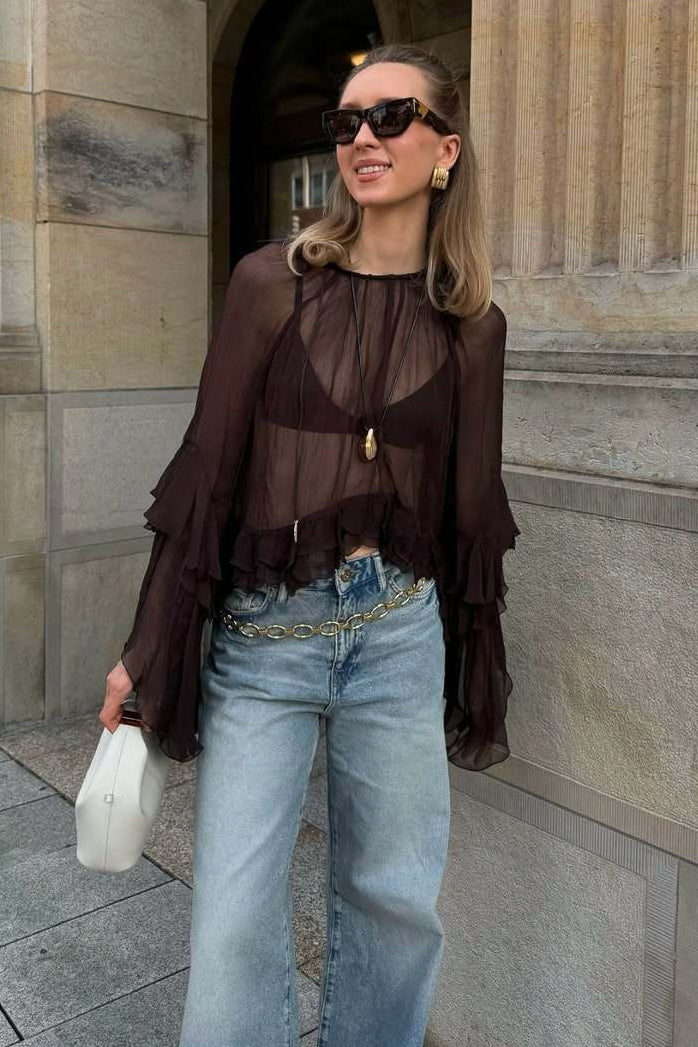 Flared Sleeve Chiffon Ruffle Detail Blouse