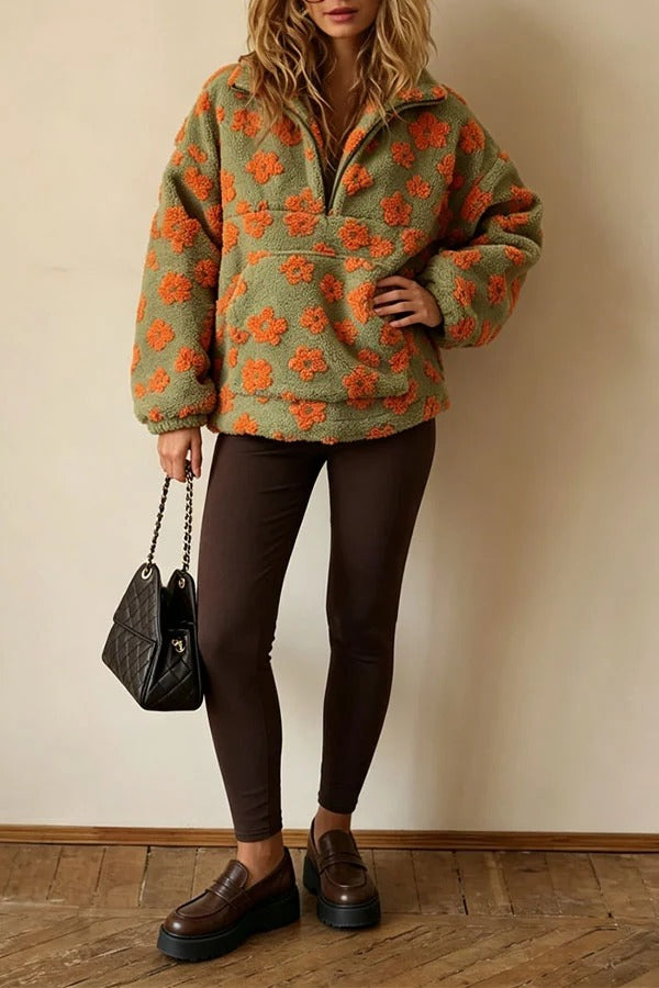Colorblock Floral Pattern Teddy Bear Fleece Material Long Sleeve Kangaroo Pocket Zipper Sweatshirt