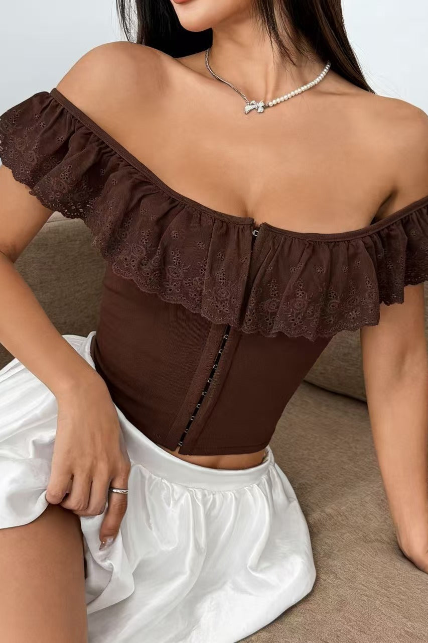 Off Shoulder Ruffle Buttoned Cinched Crop Top