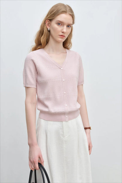 French Knit V-Neck Short Sleeve Cardigan