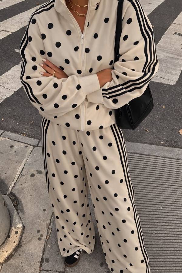 Polka Dot Stripe Stand Collar Zip‑Up Tracksuit Two‑Piece Set