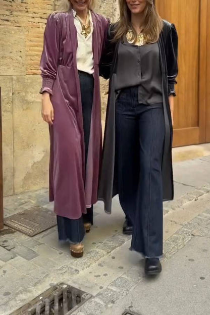 Velvet Puff-Sleeve Stand-Collar Long Coat