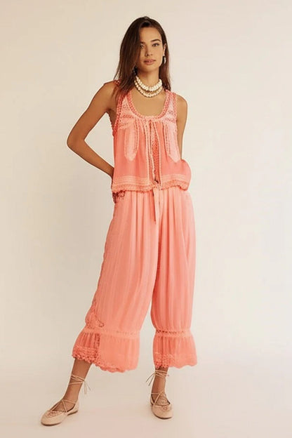 Patchwork Lace Sleeveless Top Boho Pants Set