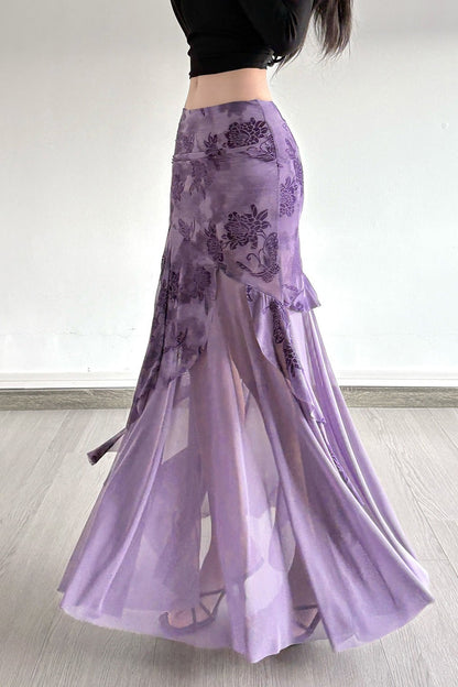 Vintage Floral Print Ruched Maxi Skirt
