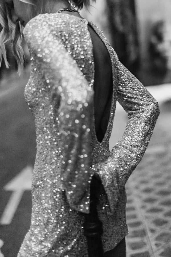 Sequin Long Sleeve Slit Cuff Crew Neck Mini Dress
