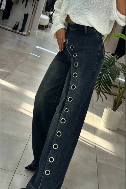 Uniquely Designed Denim High Rise Irregular Metal Ring Design Pocket Wide Leg Jeans