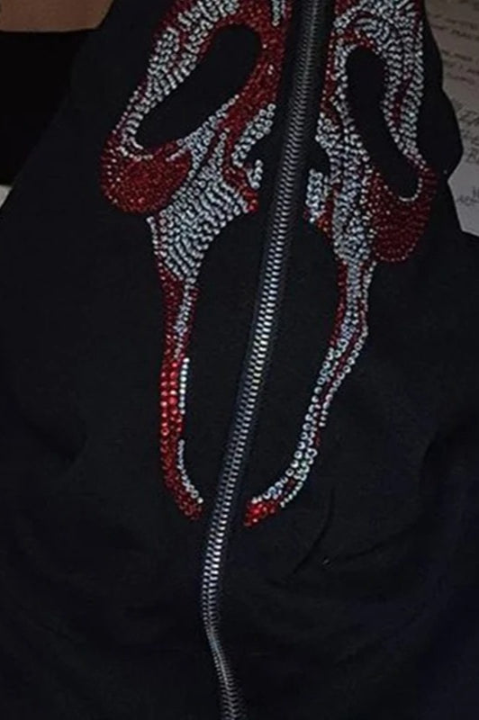 Rhinestone Zip Up Gothic Hoodie