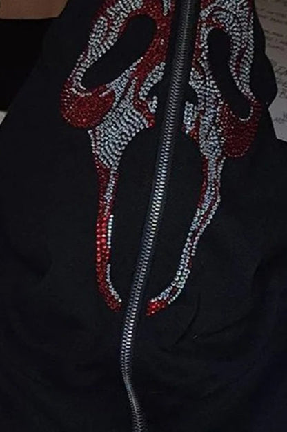 Rhinestone Zip Up Gothic Hoodie