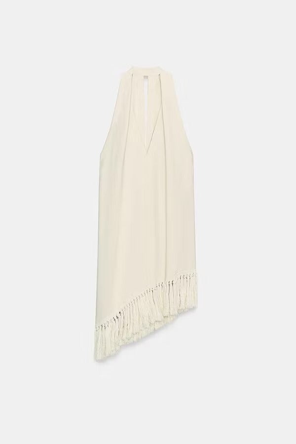 Kortnie Linen Blend Tassel Hem Halter A-line Top and High Rise Pocket Wide Leg Slit Pants Set