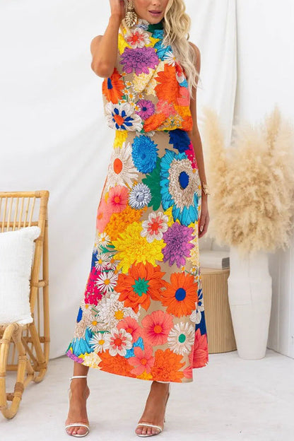 Large Floral Print Halter Neck Midi Skirt Set