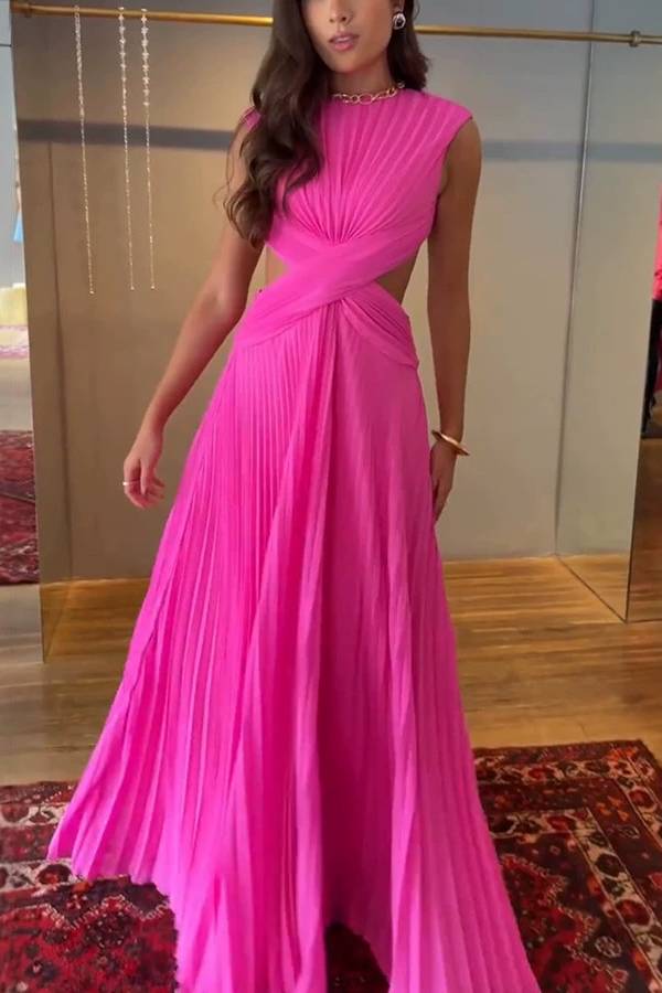 High Neck Cross Ruched Cutout Waist & Open Back Pleated Chiffon Evening Gown