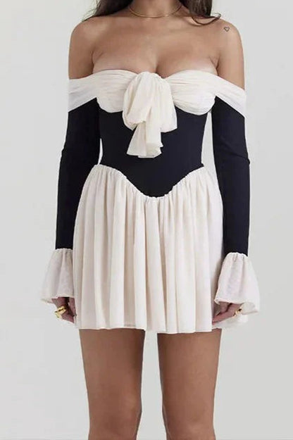 Off Shoulder Tie Front Corset Bodice Puff Sleeve Pleated Mini Dress